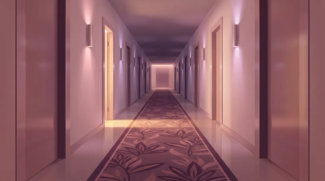 Illustration of a quiet hotel corridor at night in blush and lilac light, one door ajar.