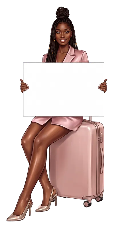 Imani Brooks sits on a small suitcase holding a board that reads Free on-site parking.