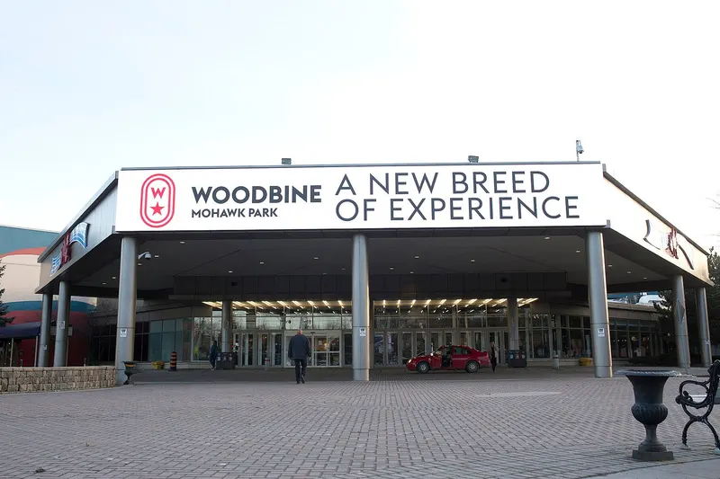 The main entrance canopy of Woodbine Mohawk Park in Campbellville, the racetrack where Elements Casino Mohawk is